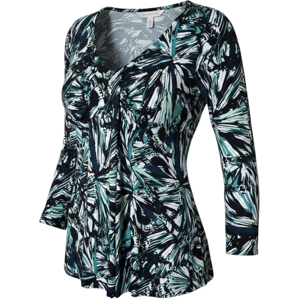 Gnw Womens Plus 1X Teal‎ Navy Abstract Palm Print V-Neck Handkerchief Hem Tunic